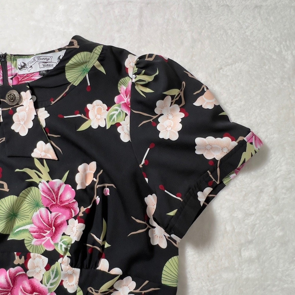 Hell Bunny Vixen Rockabilly Short Sleeve Midi Dress Womens 2XL Black Floral - Picture 7 of 13